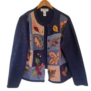 Women’s Blue Vintage Tiara International Knit Autumn Leaves Cardigan Size XL